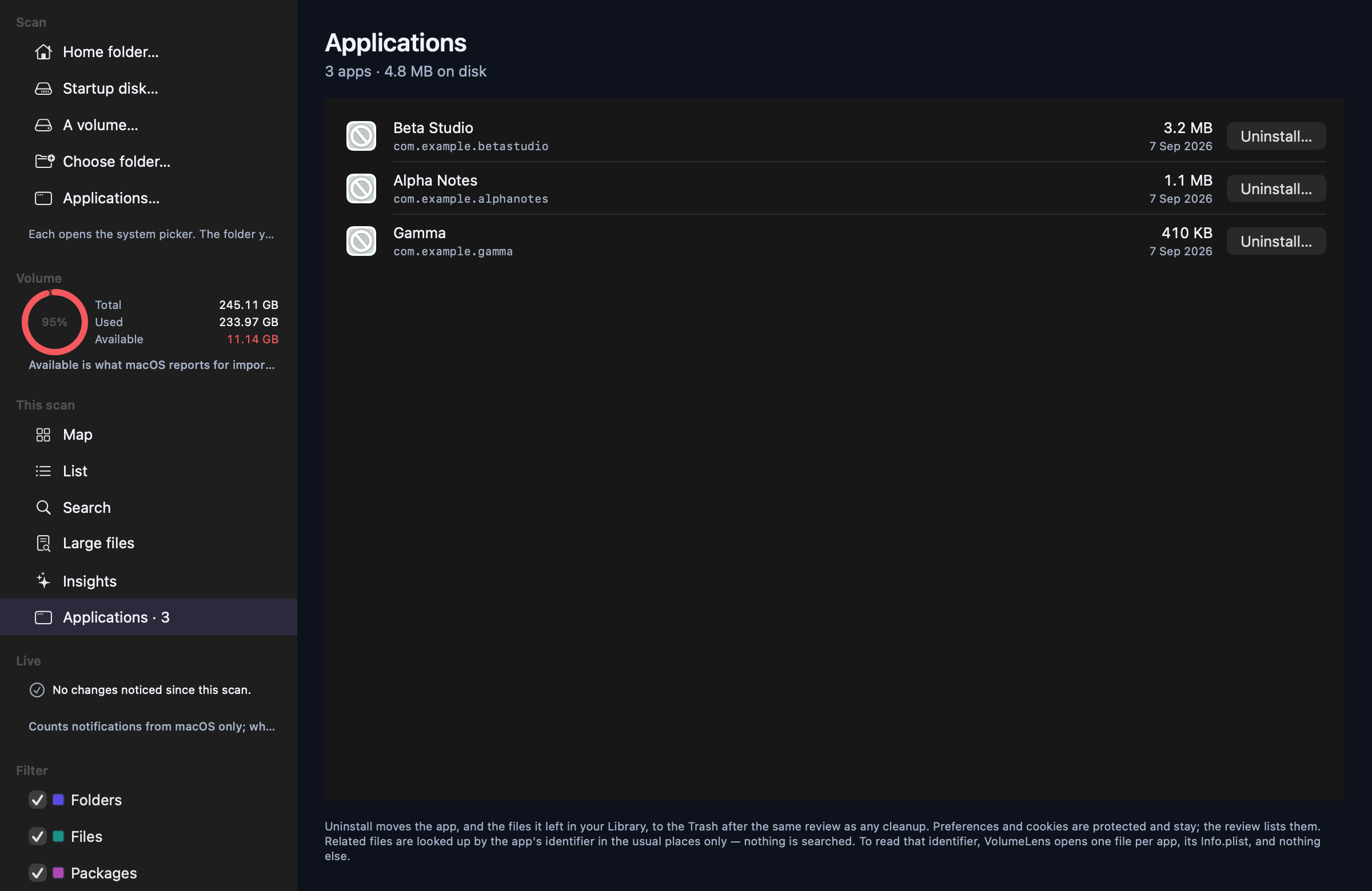The Applications screen listing three apps with identifiers, sizes and Uninstall buttons, the Applications row highlighted in the sidebar.