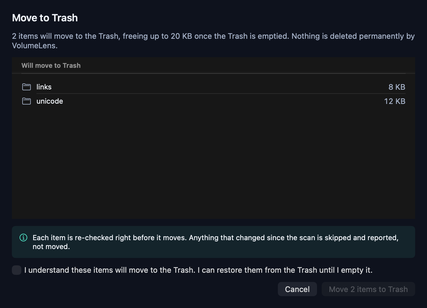 The Move to Trash review sheet showing blocked items with explanations, a confirmation checkbox and the count on the action button.