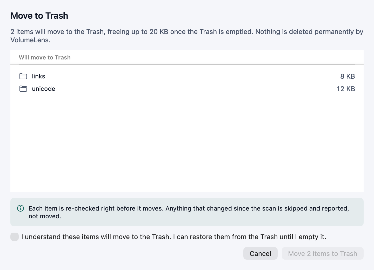 The Move to Trash review sheet showing blocked items with explanations, a confirmation checkbox and the count on the action button.