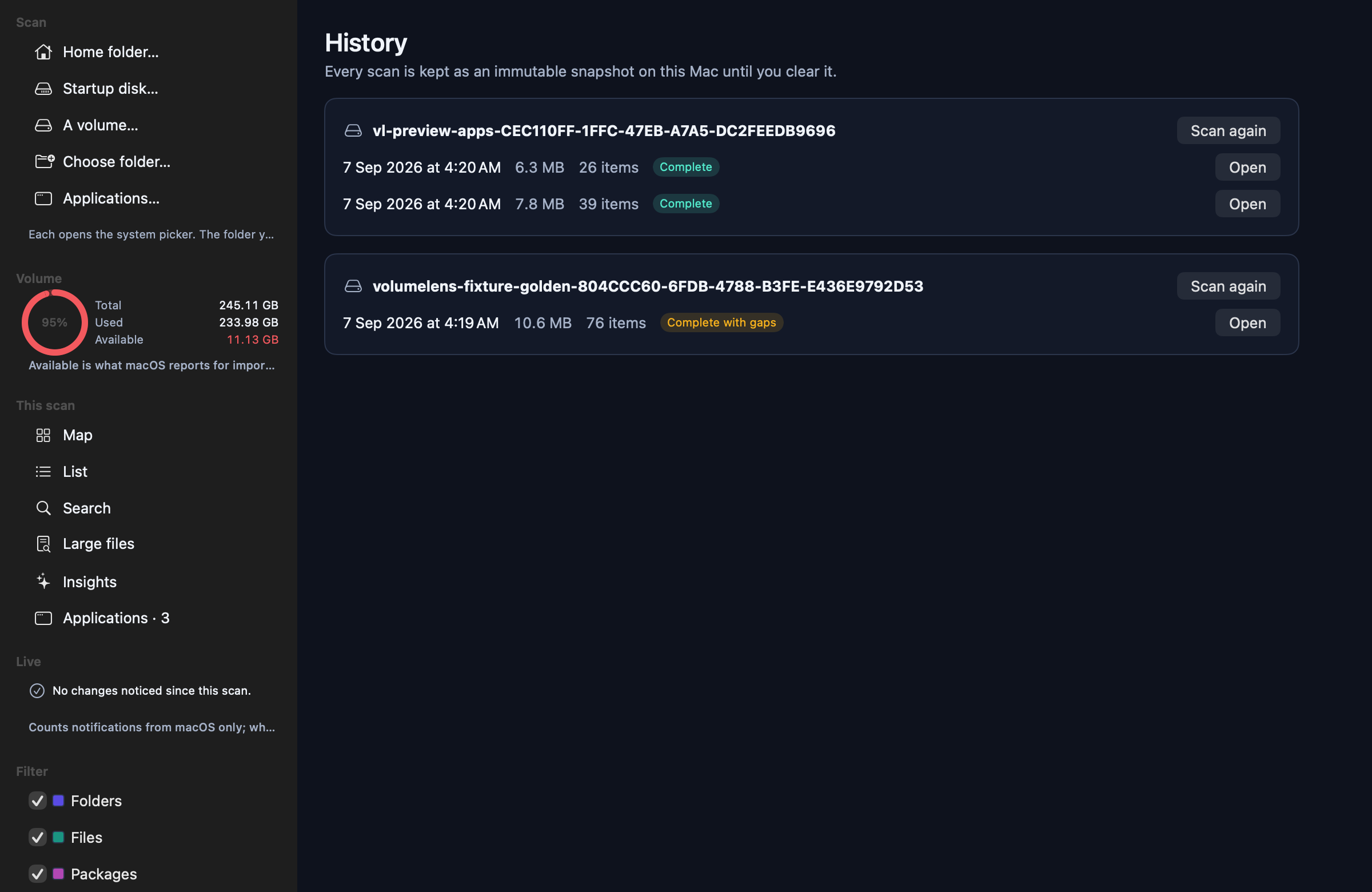 The history screen listing scanned locations with their snapshots, sizes, item counts and coverage labels.
