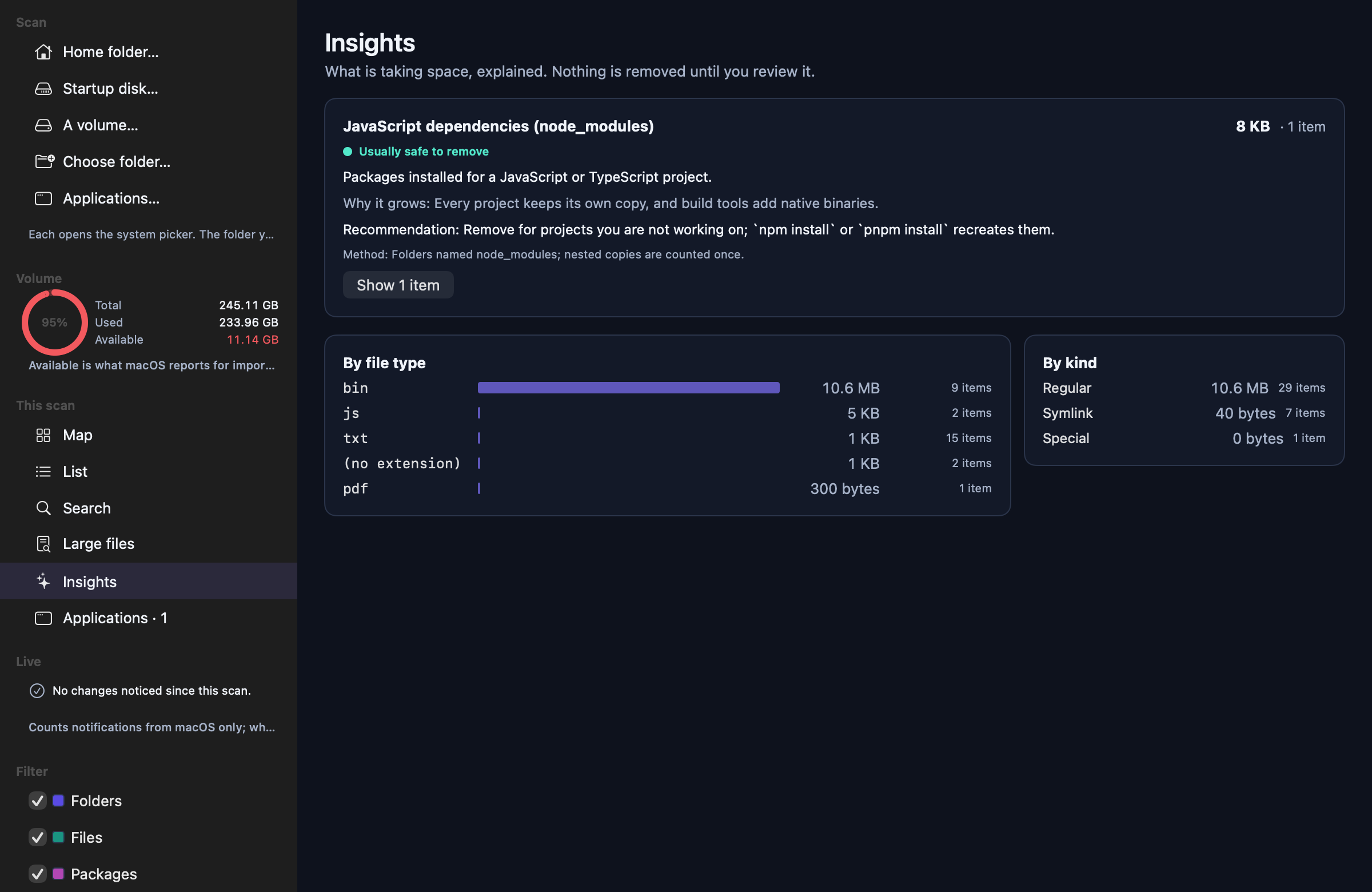 An Insights card explaining a node_modules folder: what it is, why it grows, a recommendation, how it was matched, and a risk level.