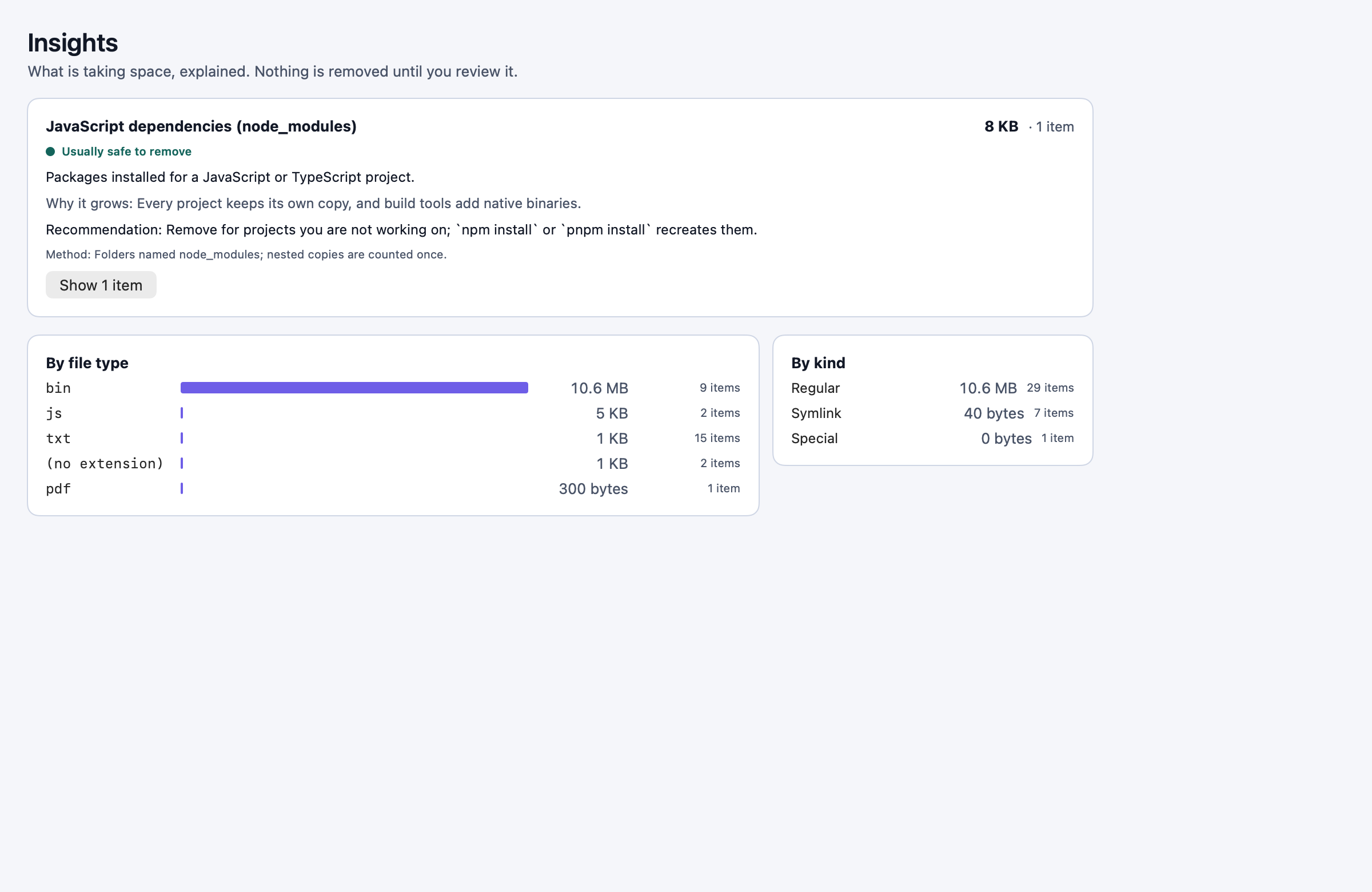 An Insights card explaining a node_modules folder: what it is, why it grows, a recommendation, how it was matched, and a risk level.
