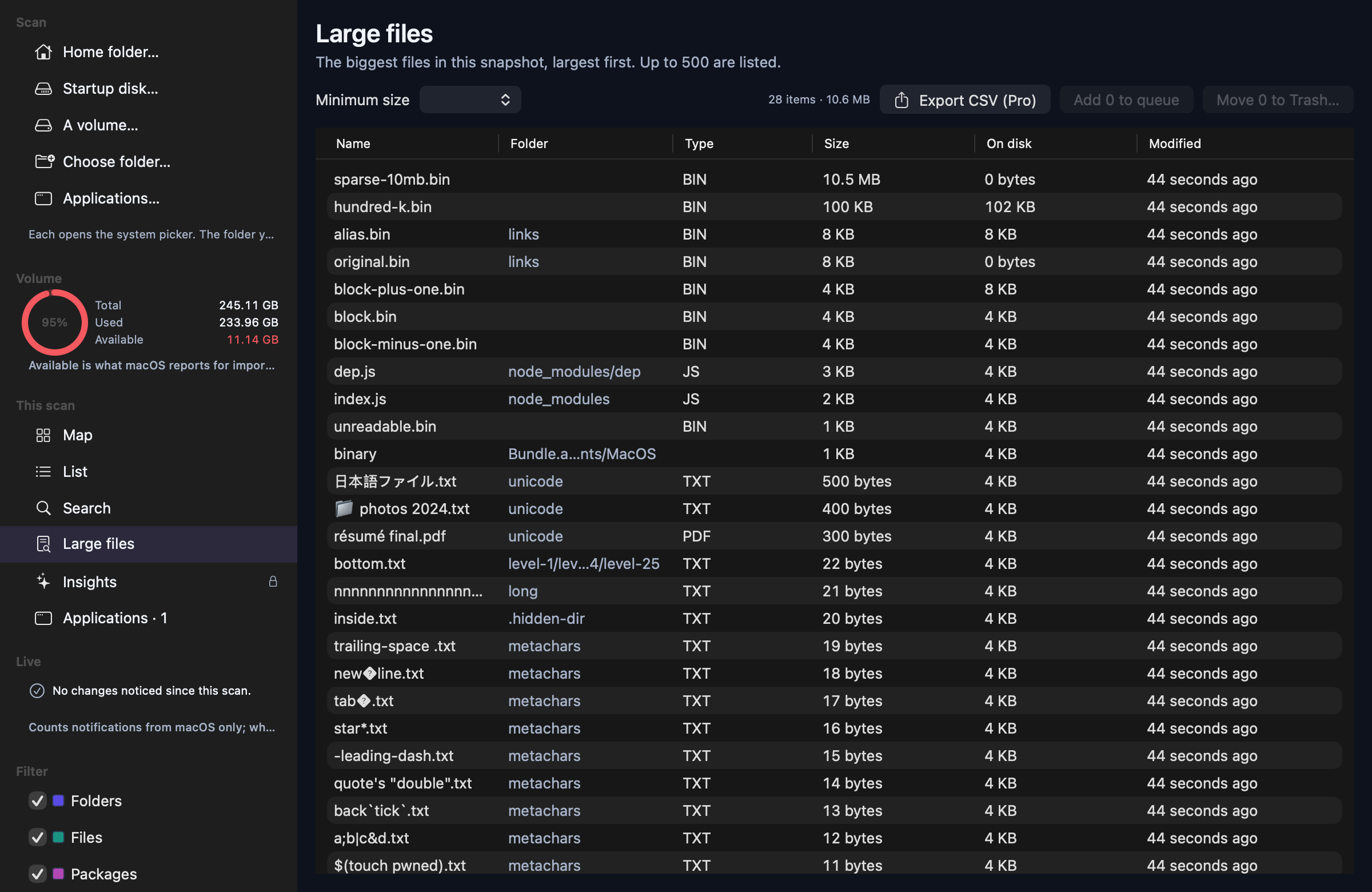 The large files screen listing the biggest files with folder, type, size, on-disk size and modified columns.