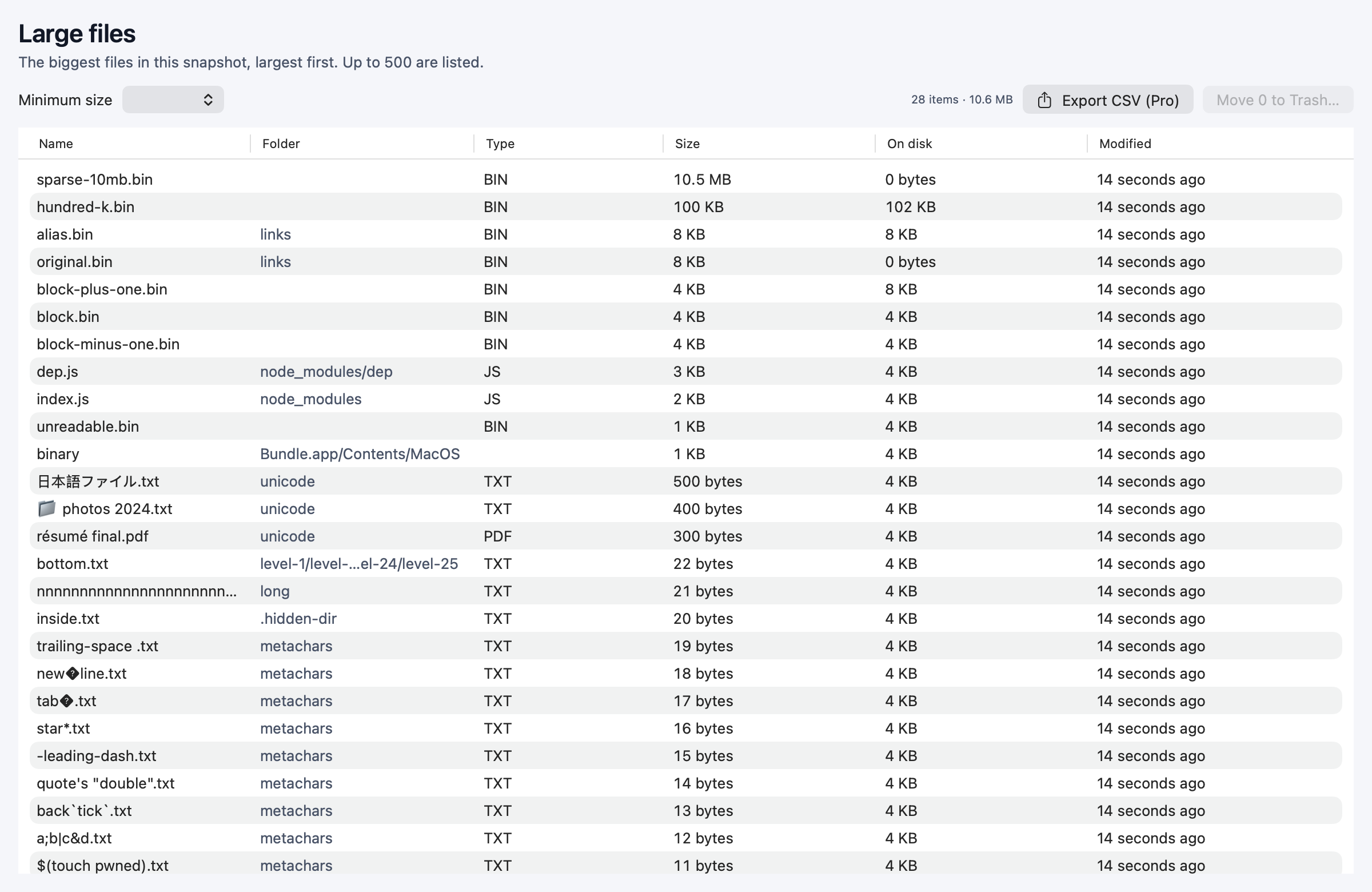 The large files screen listing the biggest files with folder, type, size, on-disk size and modified columns.