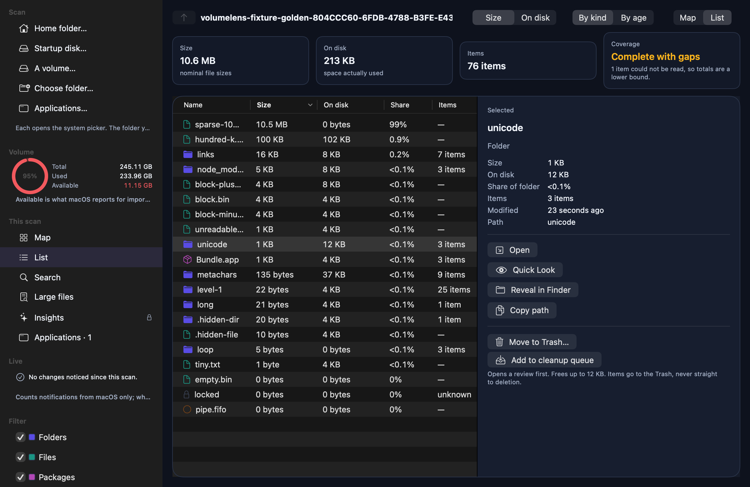 The list view showing name, size, on-disk size, share, item count, modified date and notes columns.