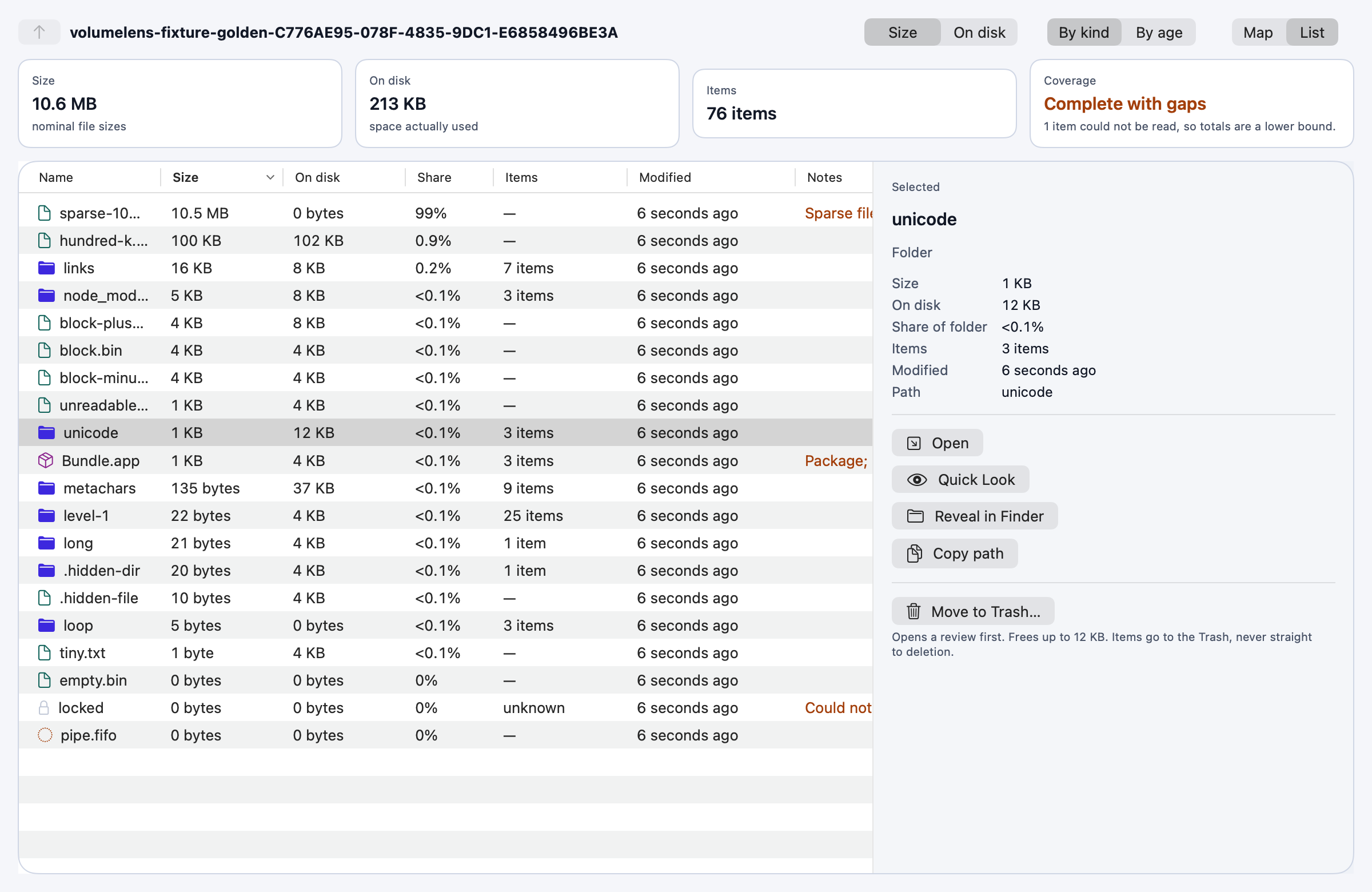 The list view showing name, size, on-disk size, share, item count, modified date and notes columns.