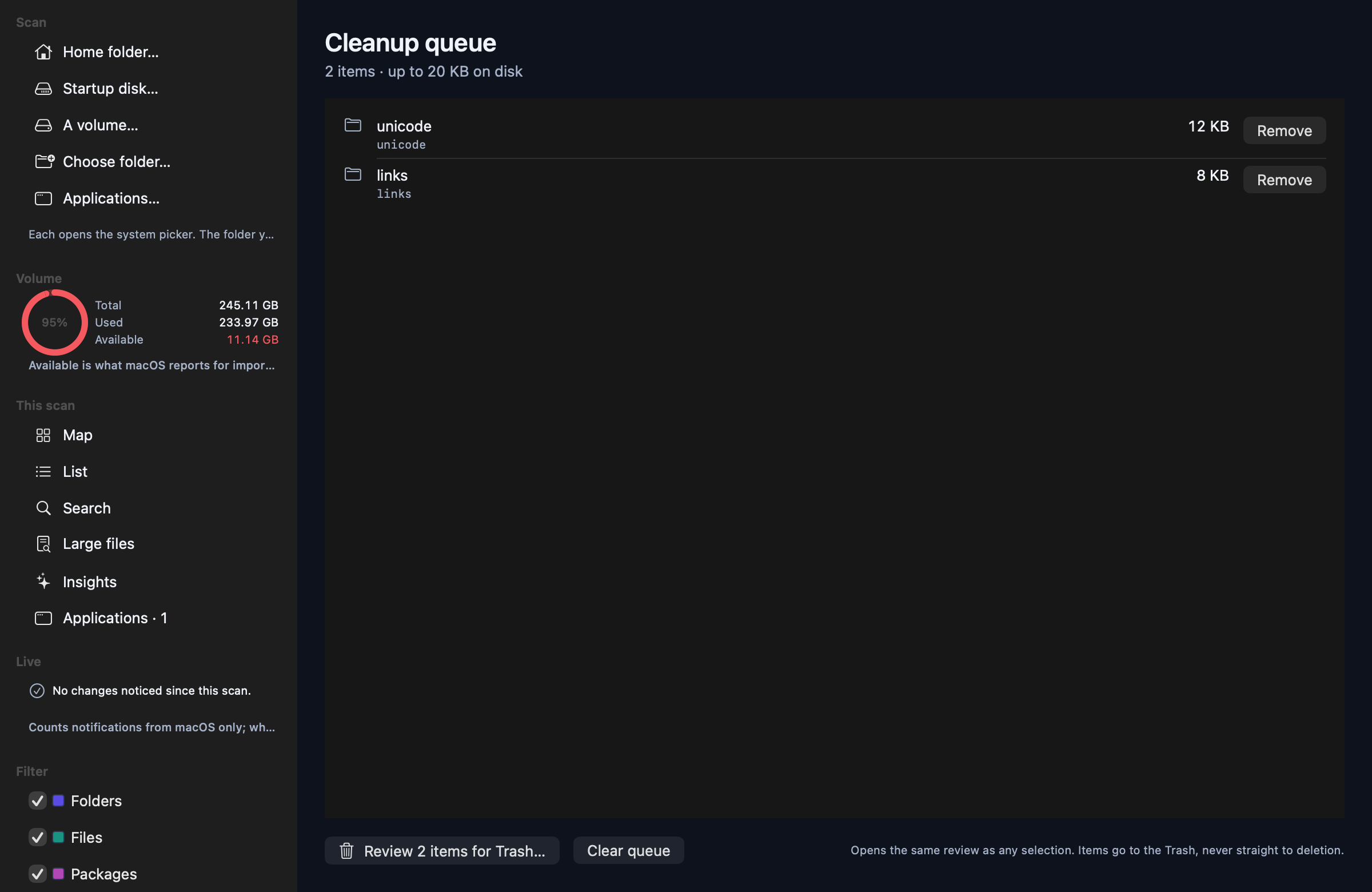 The cleanup queue screen listing two staged folders with their sizes, Remove buttons, and a Review for Trash button.