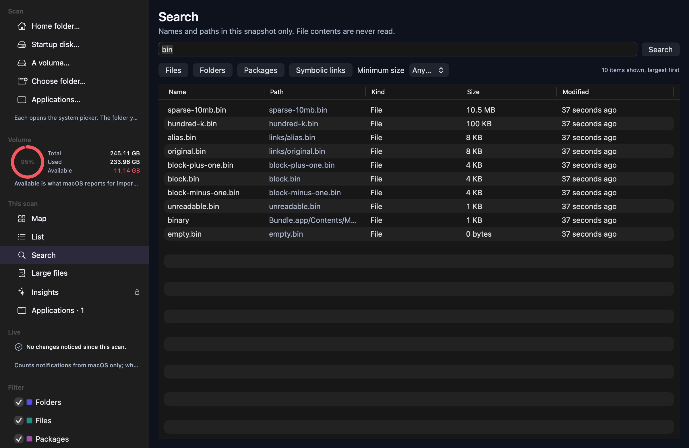 The search screen with a query, kind filters, a minimum size picker and results sorted largest first.