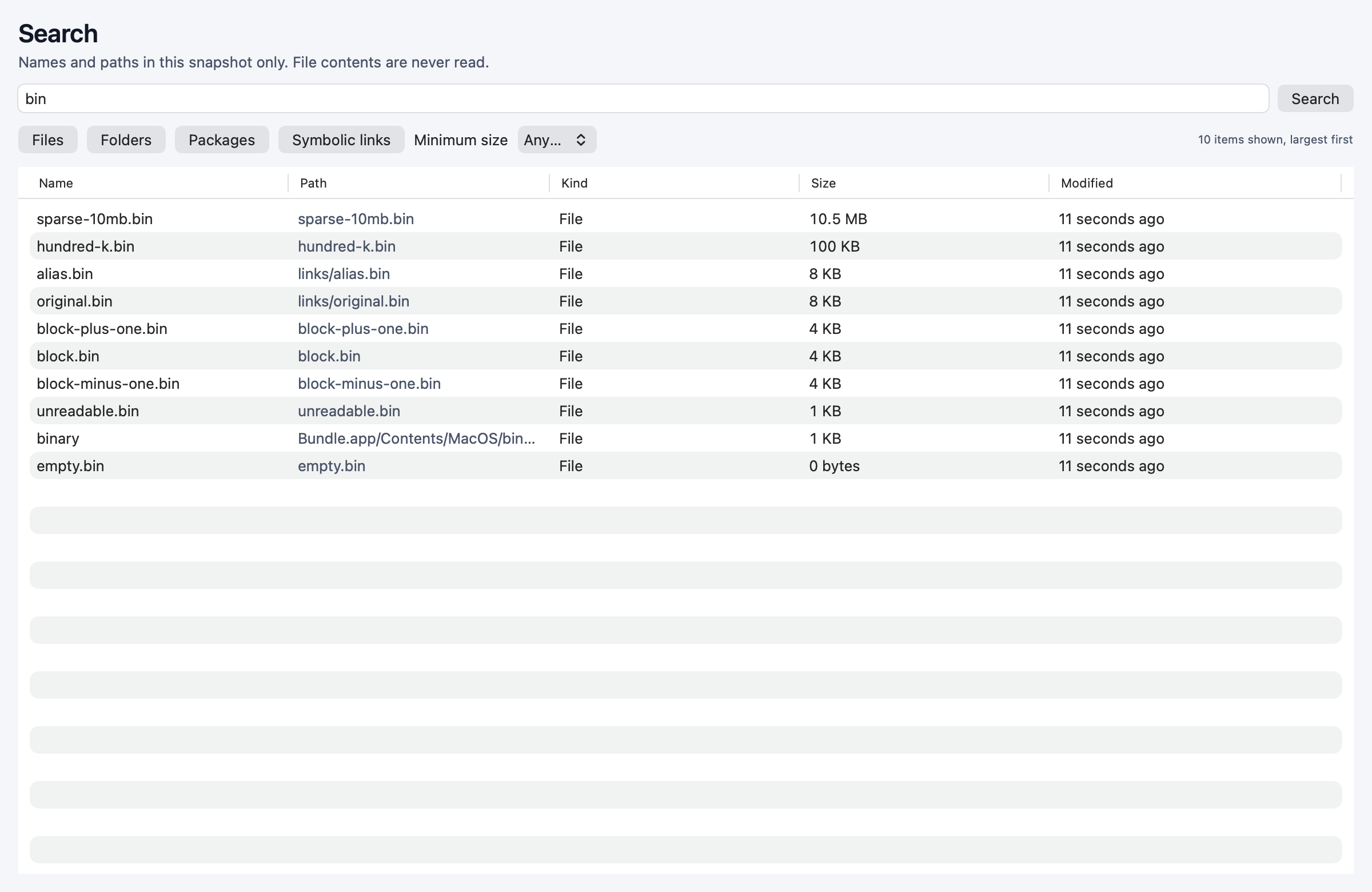 The search screen with a query, kind filters, a minimum size picker and results sorted largest first.