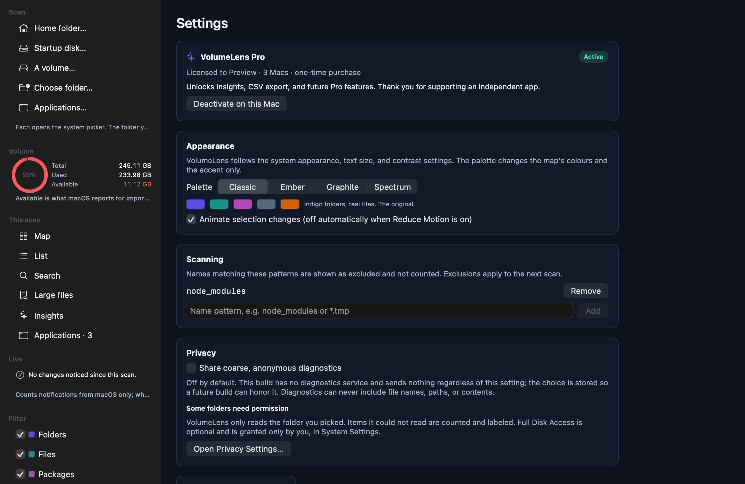 The settings screen with appearance, scanning exclusions, privacy and local data sections.
