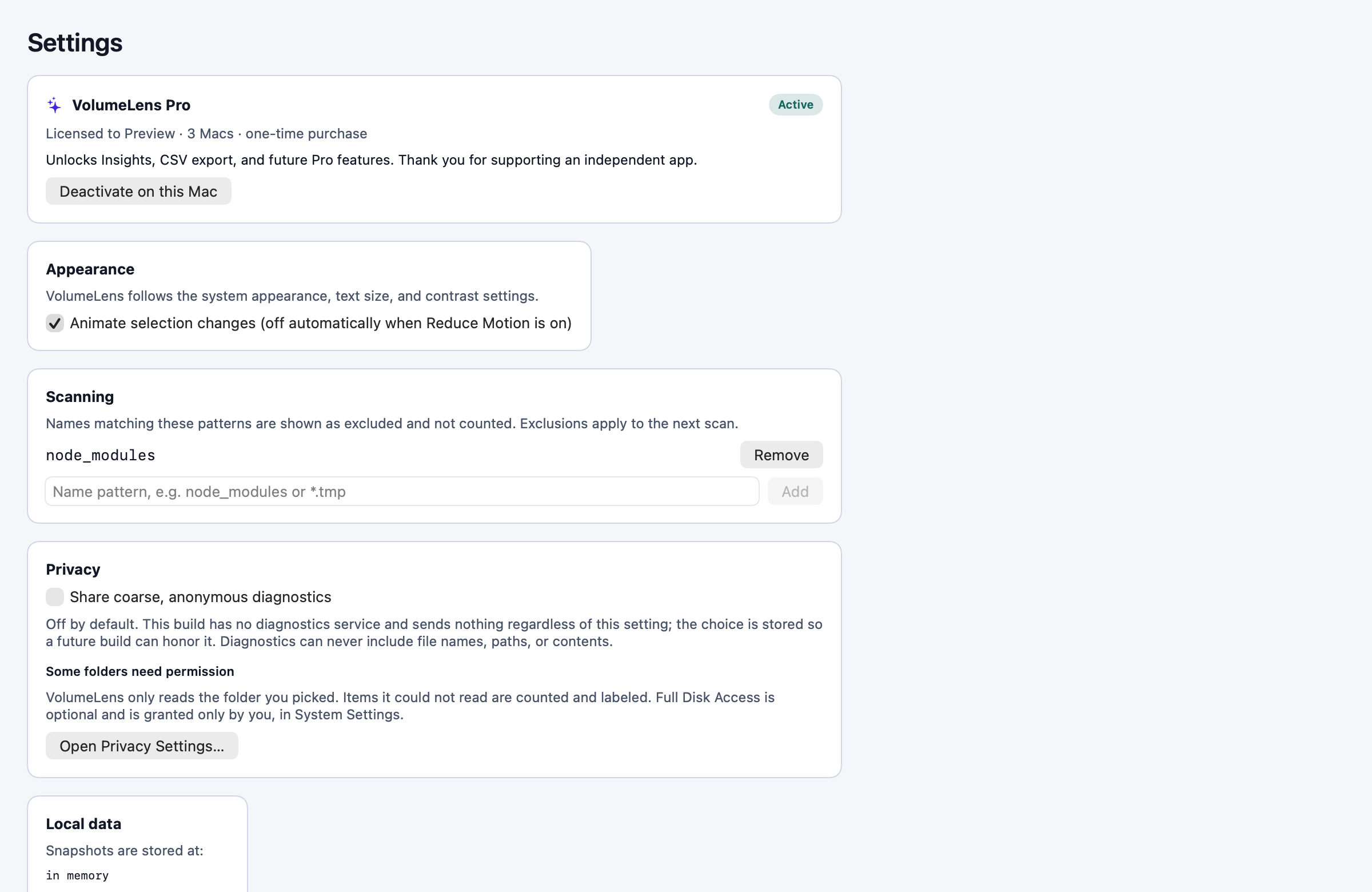 The settings screen with appearance, scanning exclusions, privacy and local data sections.